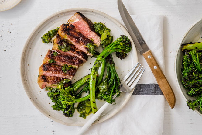 Bbq Strip Loin With Charred Broccolini Green Sauce Recipe Rescu